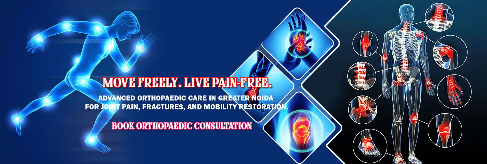 Orthopaedic joint pain illustration showing knee, shoulder and ankle mobility for bone and joint care